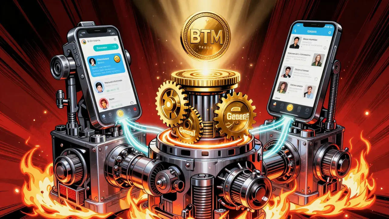 Three layered blockchain systems rise as mechanical towers with glowing smart contracts and mining rigs.