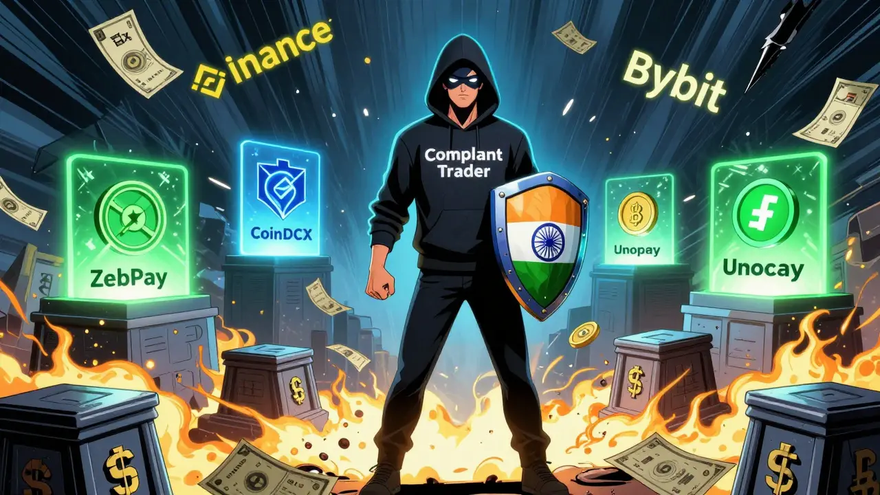 A compliant crypto hero defends against risky exchanges with shield and glowing safe platforms.