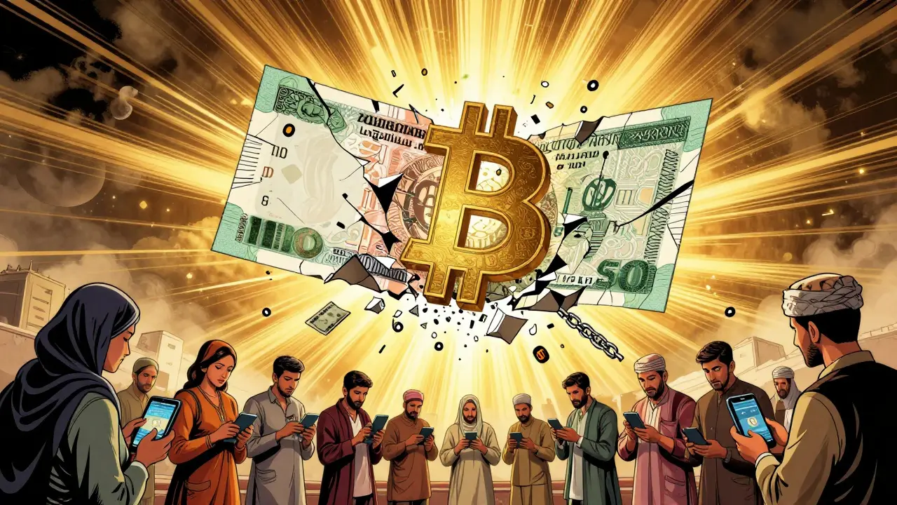 A crumbling Afghan banknote transforms into a rising Bitcoin logo as people send digital money across borders.