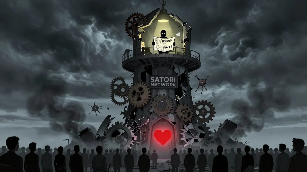 A crumbling Satori Network tower with dead nodes falling, one flickering light above 296 silent figures.