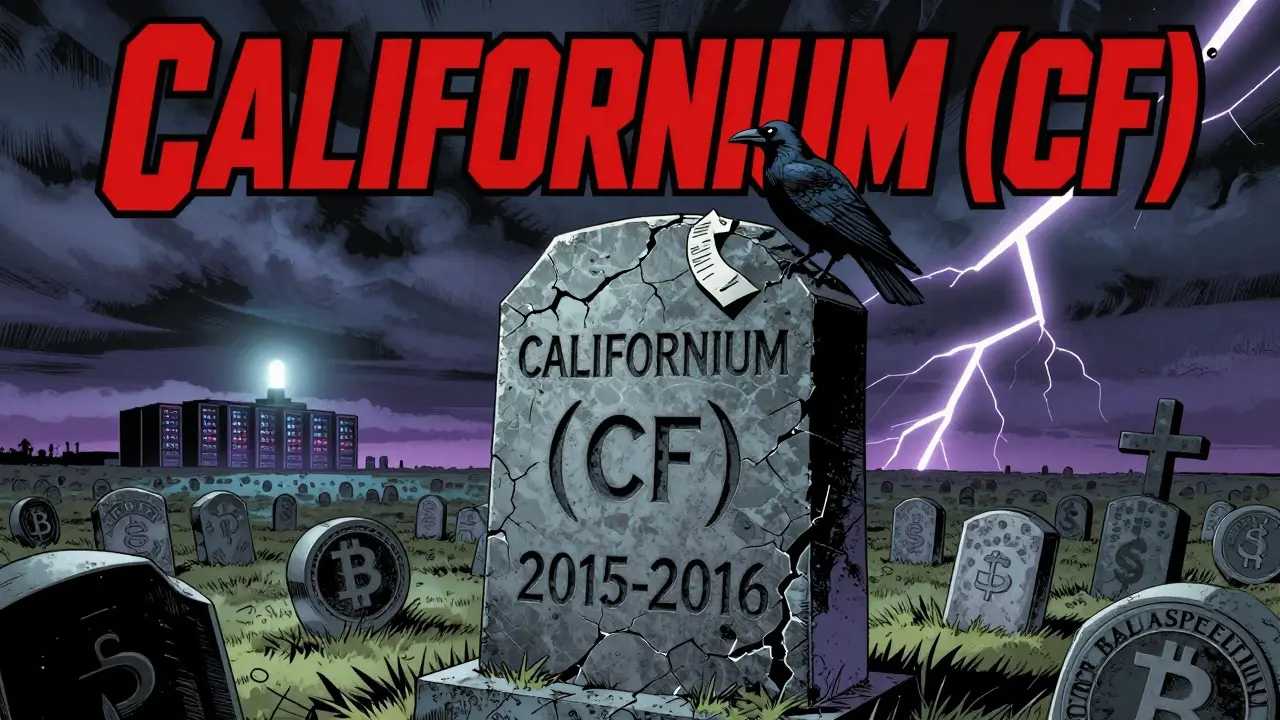 A crumbling tombstone marked 'CALIFORNIUM' stands in a graveyard of dead crypto logos under a stormy sky.