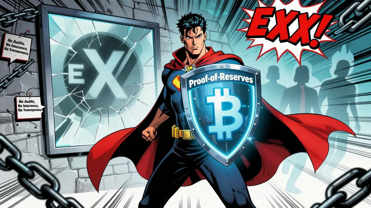 A crypto superhero fights a wall of broken chains labeled 'No Audits' while users fade away in a dramatic comic book scene.