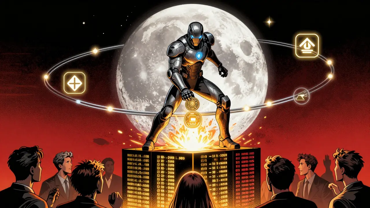 A cybernetic collator staking MOVR tokens while delegates cheer, with Chainlink and The Graph as guardian icons in the background.