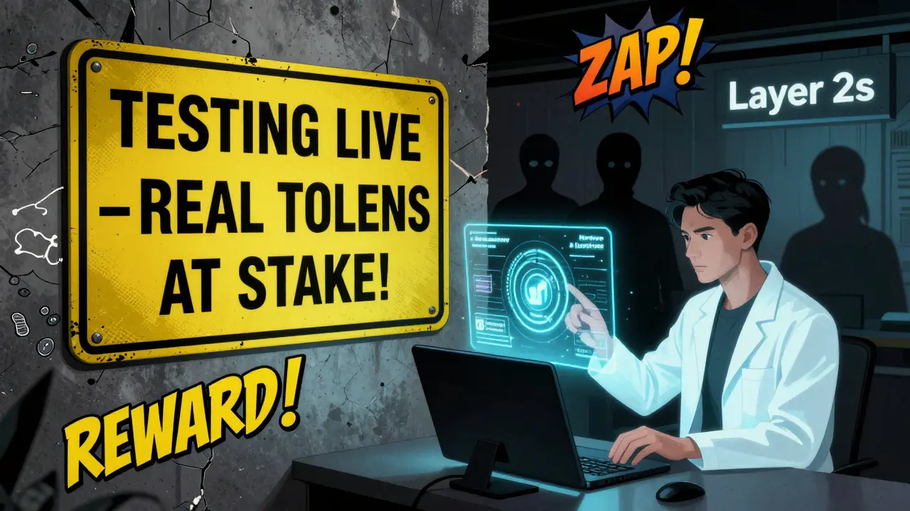 A developer deploying a smart contract on Moonriver, with warning signs and rival Layer 2 networks visible in the shadows.