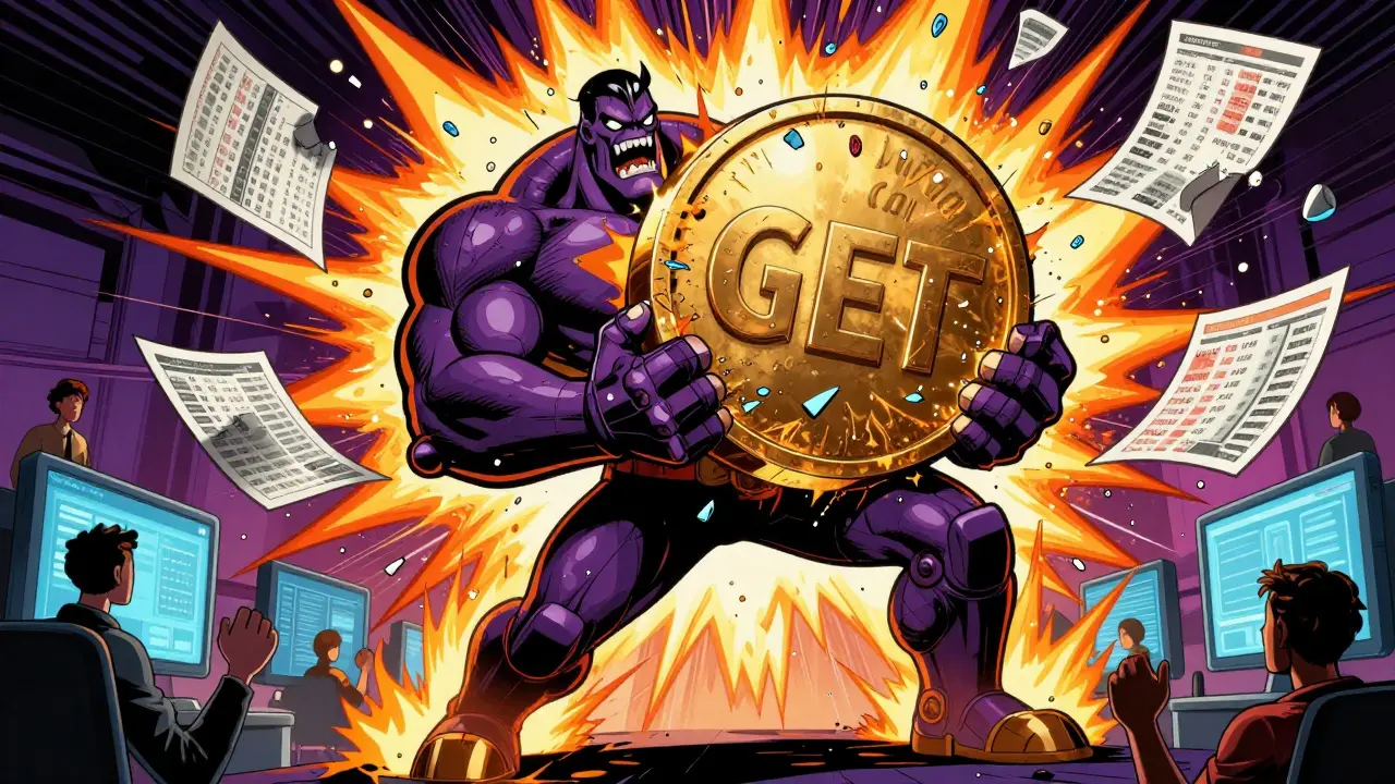 A giant GET token superhero crushing a 'Market Calm' monster as traders cheer below, in superhero comic art style.