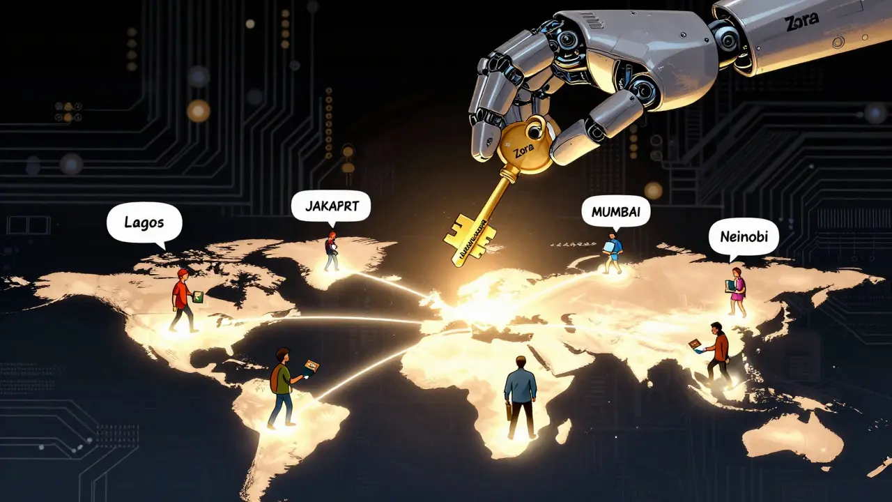 A global map glows with crypto payment trails leading to a golden key labeled 'Ownership' dropped by Zora.