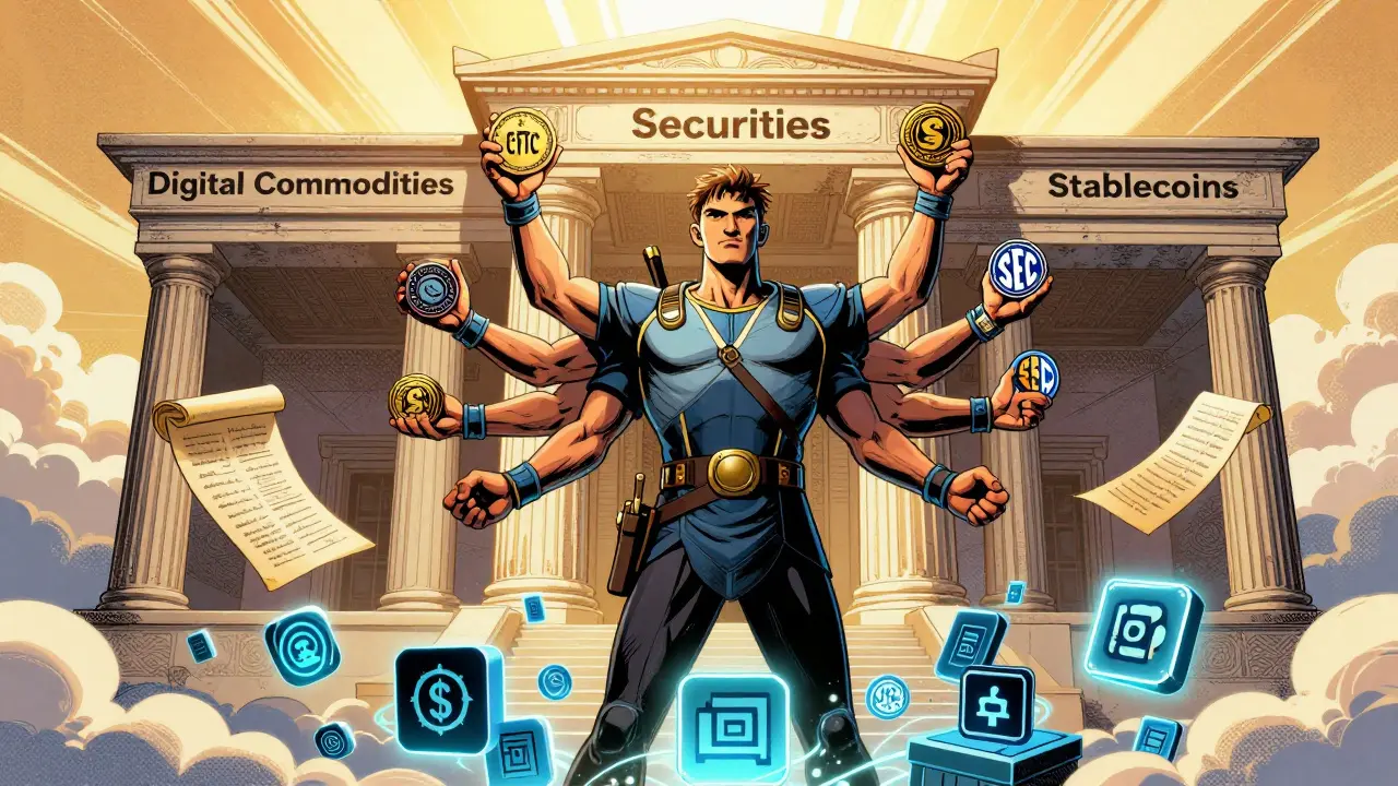 A guardian stands before three temples representing U.S. crypto asset categories.
