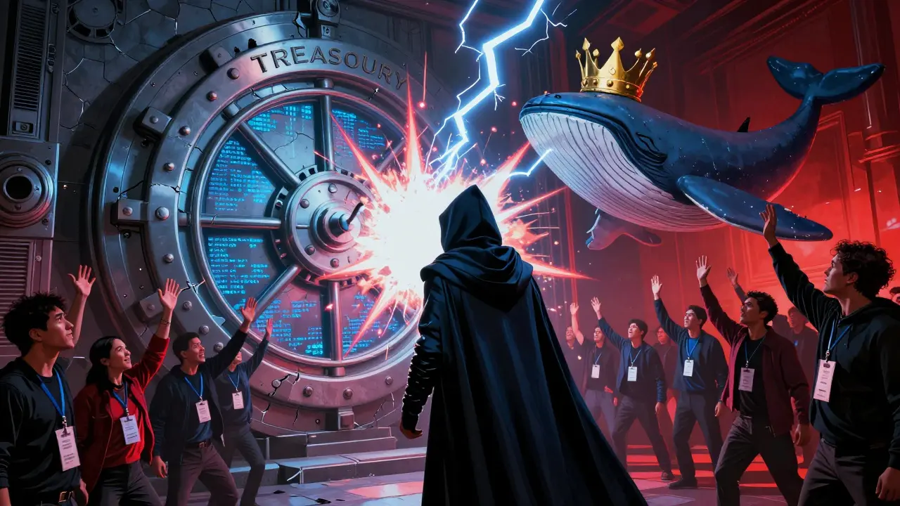 A heroic figure stands against a whale villain as citizens vote to unlock a treasury guarded by smart contracts.