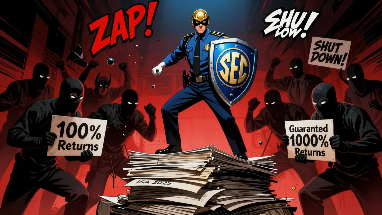 A heroic SEC regulator blocks fraudulent crypto scammers with a shield marked by the Nigerian SEC logo.