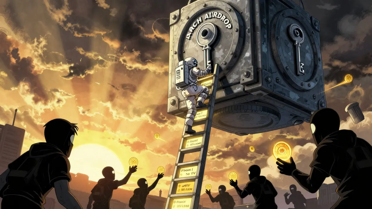 A lone Archstronaut climbing a blockchain ladder toward a vault labeled 'ARCH AIRDROP', while scam figures try to pull them down.