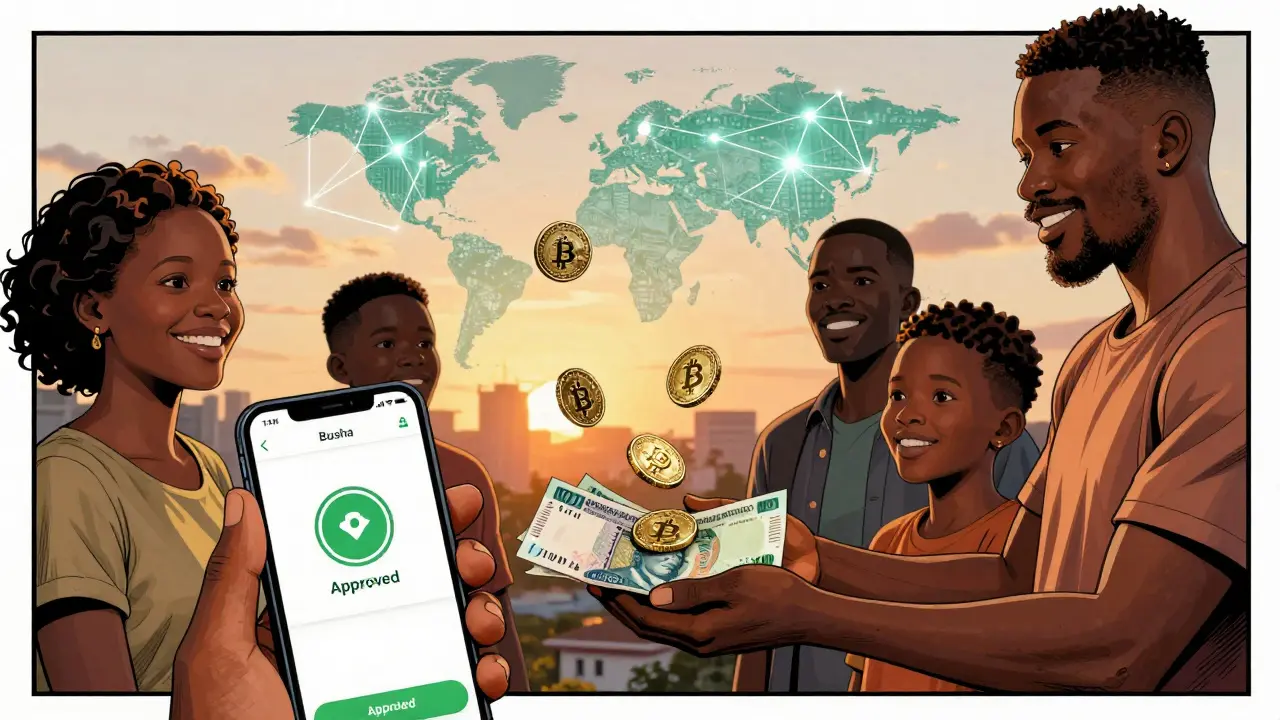 A Nigerian family receives a crypto remittance that transforms into naira notes, with a licensed app showing approval.