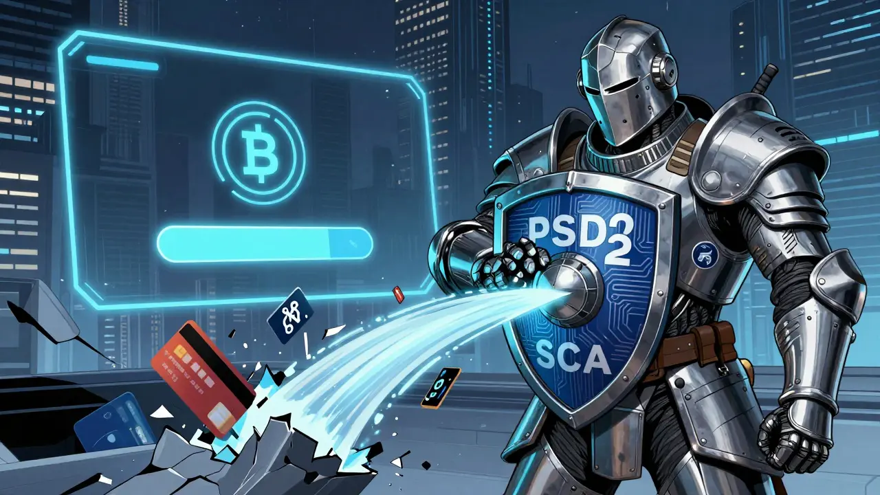A regulator blocks unauthorized crypto payments with a shield labeled PSD2 and SCA.