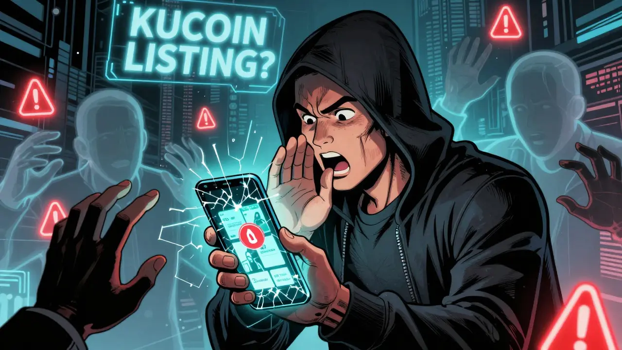 A scammer deceiving users with fake EVA airdrop pop-ups on a cracked smartphone in a cyberpunk setting.