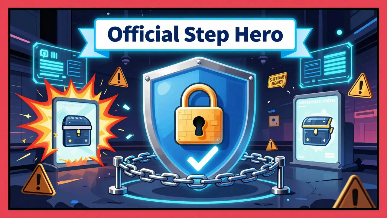 A secure digital wallet protected by official banners, with exploding fake airdrop portals in the background.