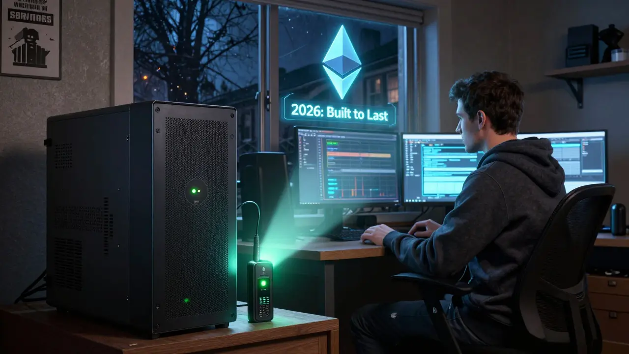 A staker in a basement monitored by a UPS and LTE backup as power fails outside, with a holographic Ethereum logo glowing above.