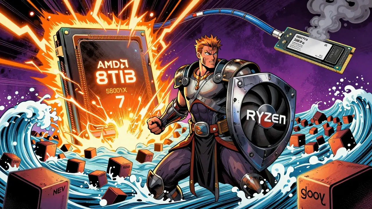 A superhero-style CPU warrior defending against data waves, shielded by RAID drives, with a glowing enterprise SSD and fiber line overhead.