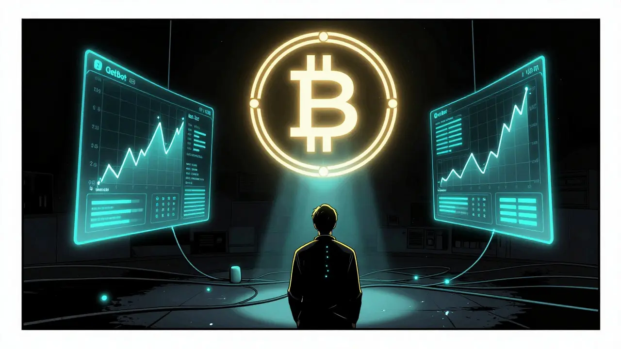 A trader connected to a floating smart contract with GetBot hologram showing real-time price swings, in comic book style.