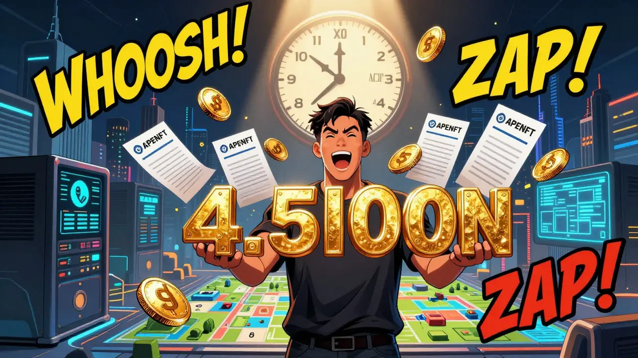 A winner holds glowing APENFT tokens that transform into voting ballots and NFTs, with a futuristic city and 'CLAIM NOW' clock in the sky.