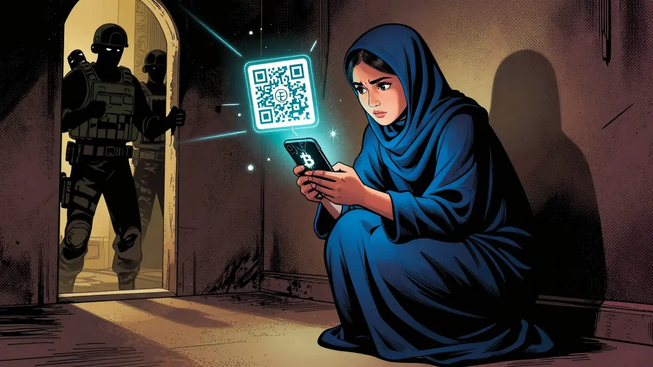 An Afghan woman receives a Bitcoin transaction on her phone, while agents watch from outside her door.
