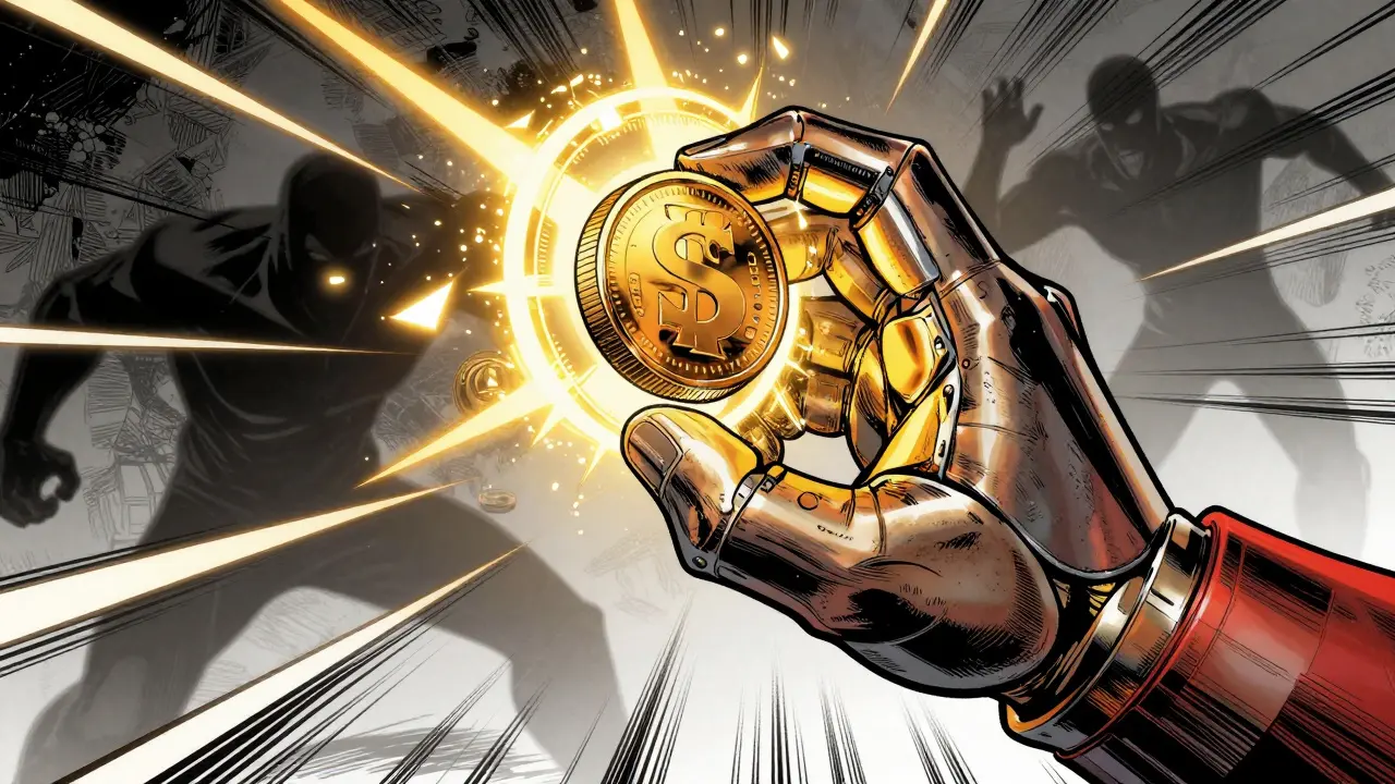 Armored hand secures glowing coin while blocking villains in comic art.