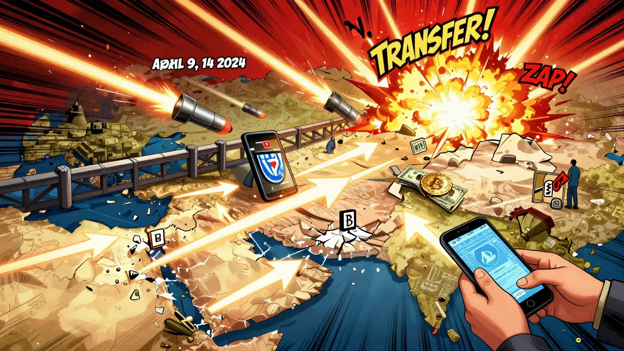 Bitcoin transactions flowing from Iran to Turkey amid war explosions and shattered bank logos.