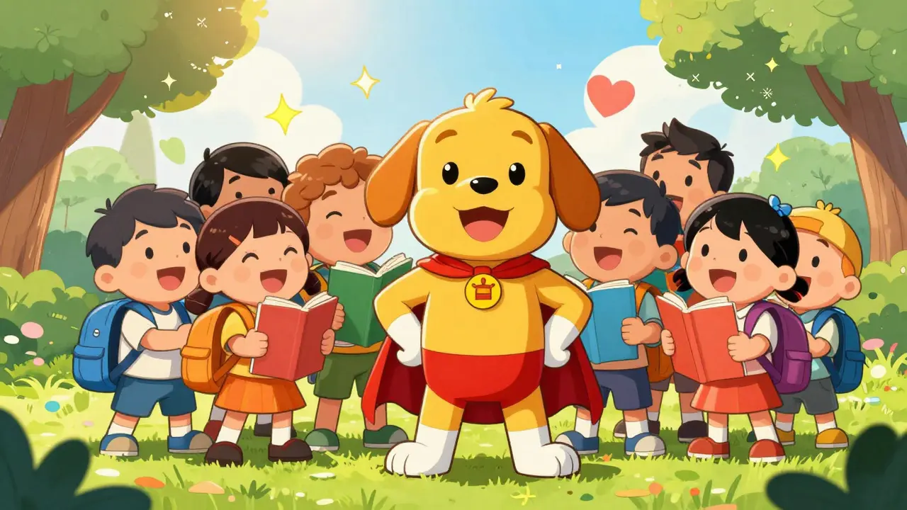 Characters donating backpacks to children in a sunny park