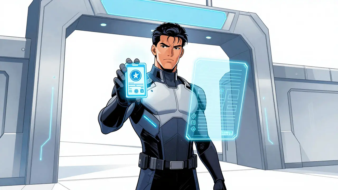 Citizen presenting glowing ID to blue verification holographic gate.
