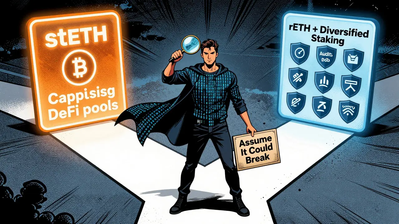 Crypto user at crossroads: one path leads to collapsing stETH, other to diversified staking with audit shields.