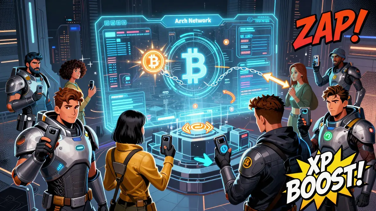 Diverse participants using Unisat wallets on a holographic Arch Network dashboard, with XP multipliers and transaction arrows glowing in the air.