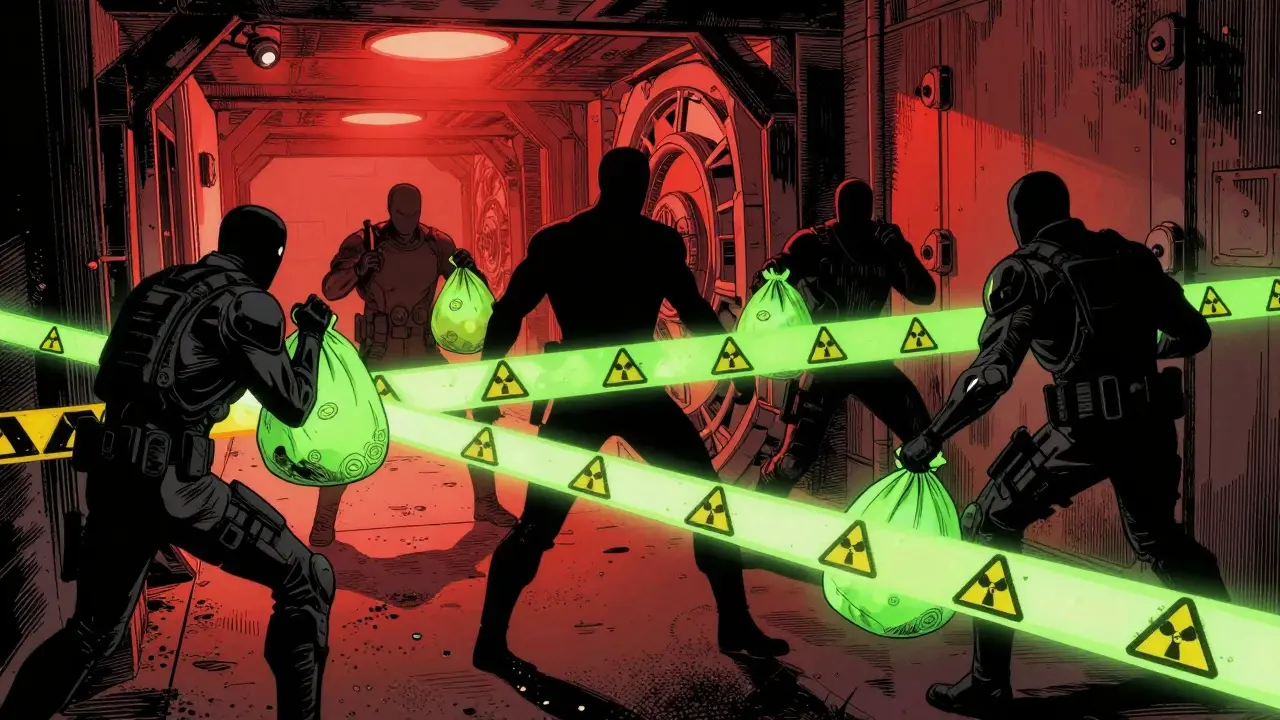Enforcers blocking shadowy figures carrying illegal glowing coins.