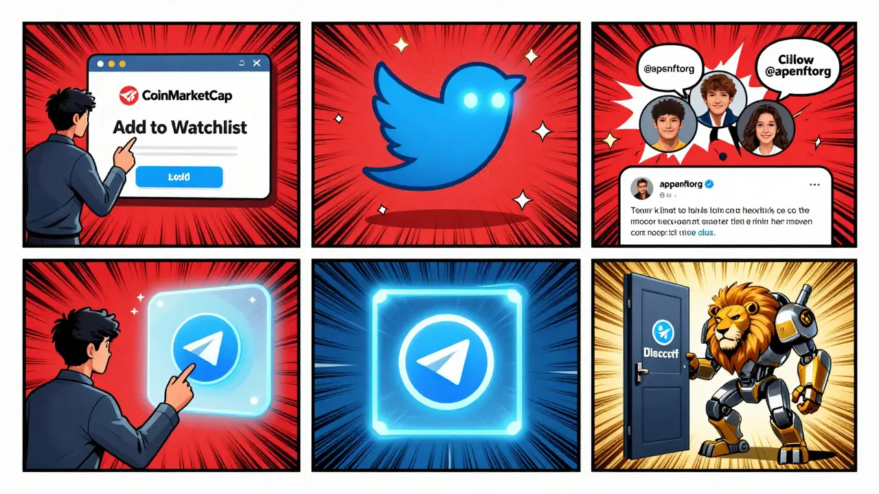 Five action panels show a user completing Twitter, Telegram, Discord, and CoinMarketCap tasks to qualify for the APENFT airdrop.