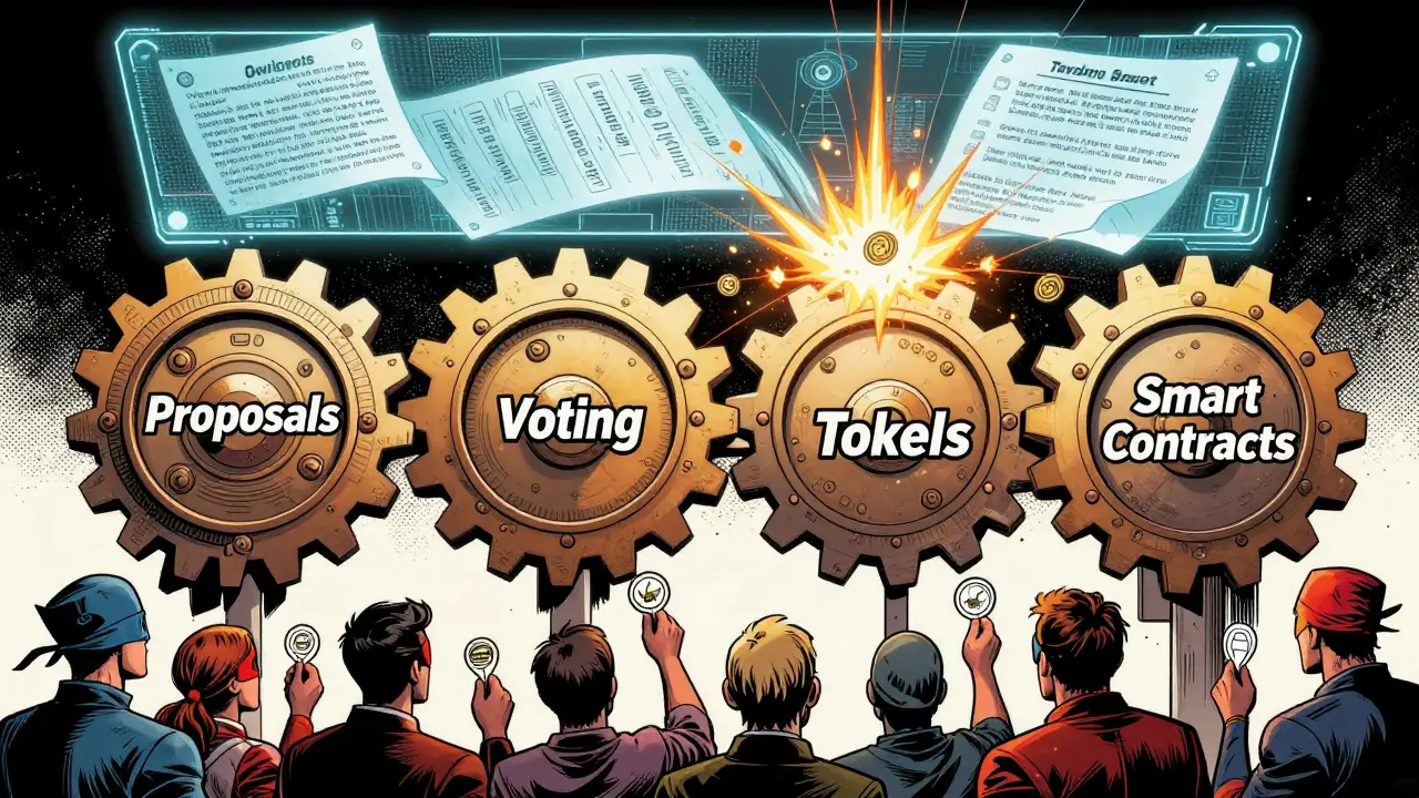 Four giant mechanical gears labeled with DAO governance elements turning in sync under a holographic proposal.