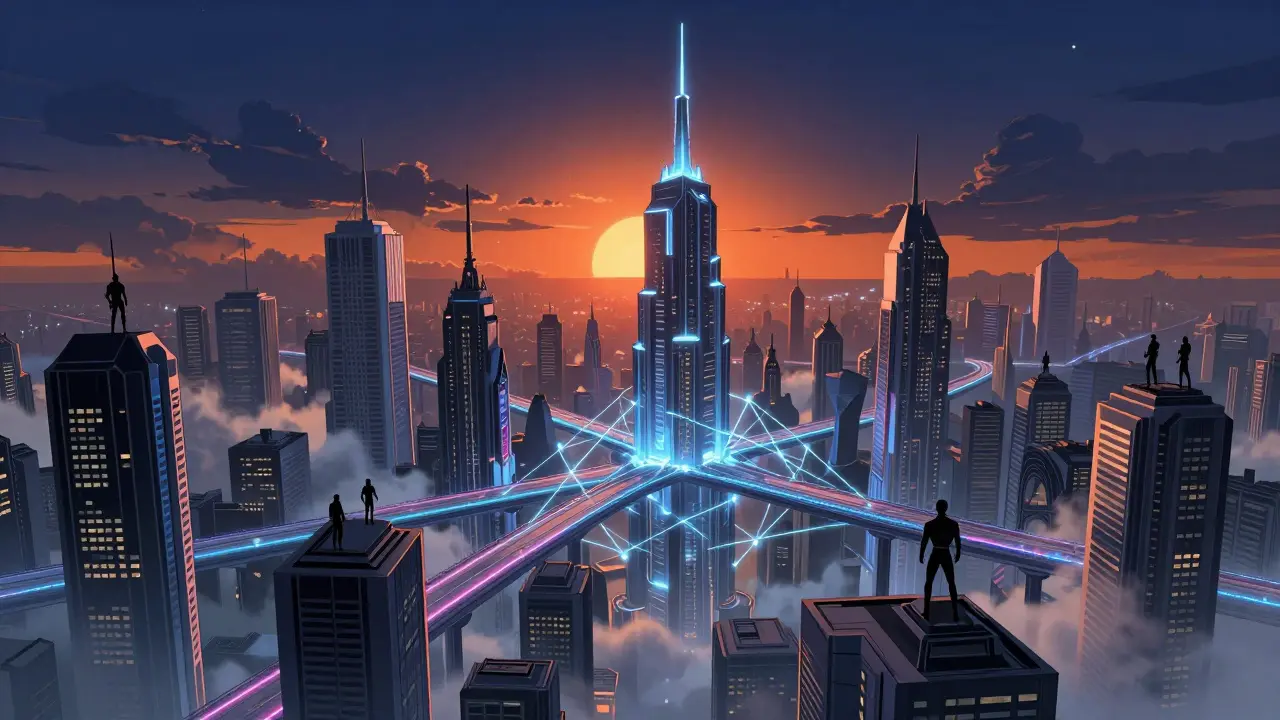 Futuristic city linked by neon bridges showing blockchain connectivity in comics.