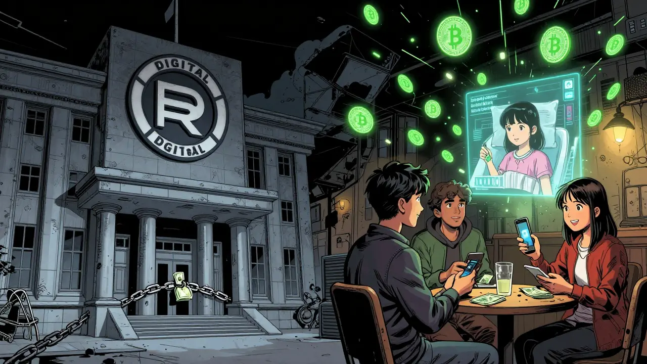 Government Digital Rial building vs. hidden Iranian P2P Bitcoin trades in cafes at night.