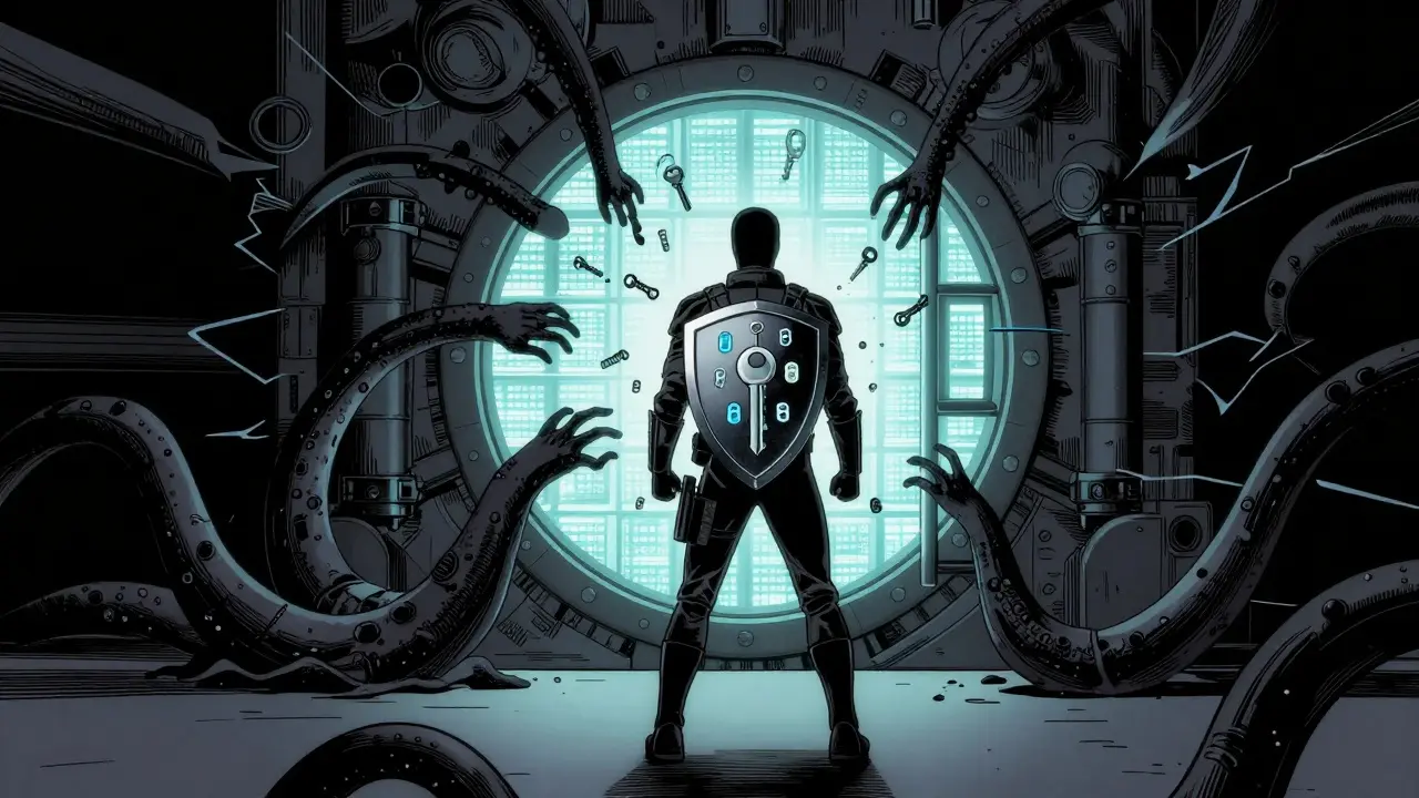 Guardian shielding a digital vault from dark shadows in comic art style.