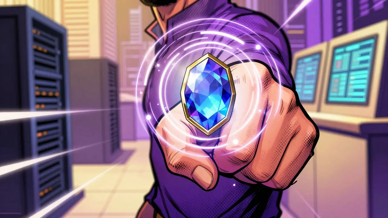 Hand holds a glowing token with servers in background