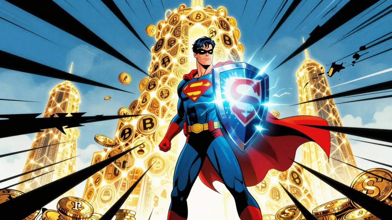 Hero holding a glowing shield protecting digital coins from dark energy bolts.
