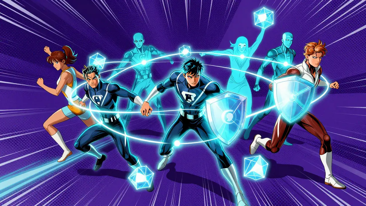 Heroes forming energy chain alliance with shield icon in cyber space.