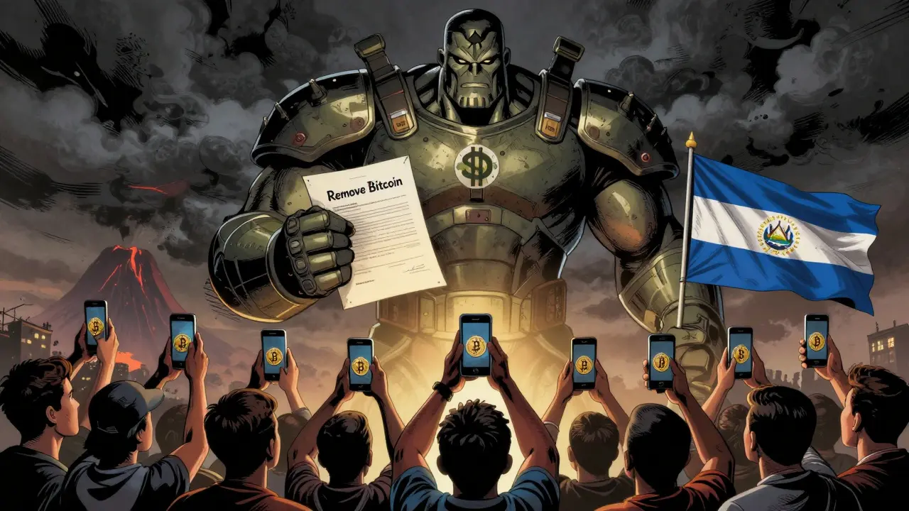 IMF giant looming over El Salvador’s flag, citizens raise phones showing Bitcoin wallets in quiet defiance.