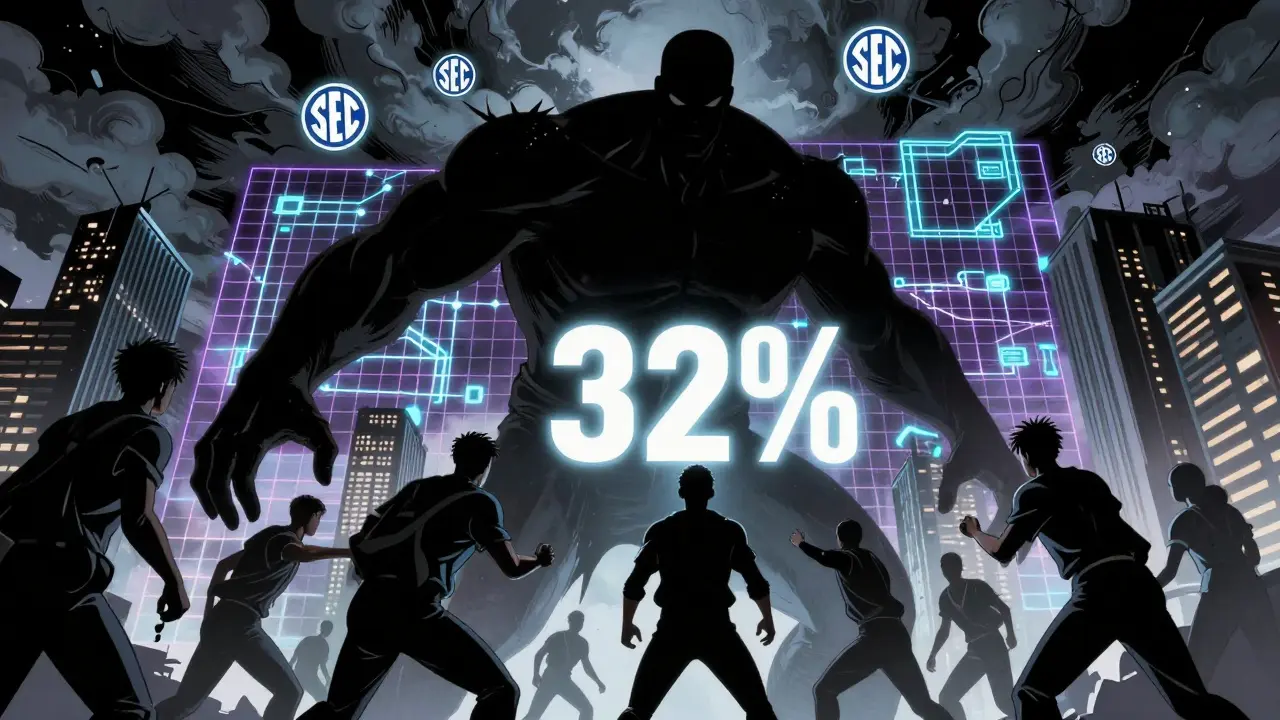 Massive Lido figure controls 32% of staked ETH while smaller validators resist, SEC symbols loom overhead.
