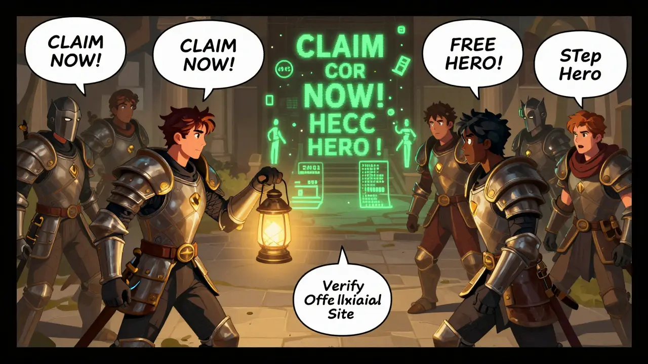 Players battle digital scam monsters while a hero lights the way to a real Step Hero portal with a verified lantern.