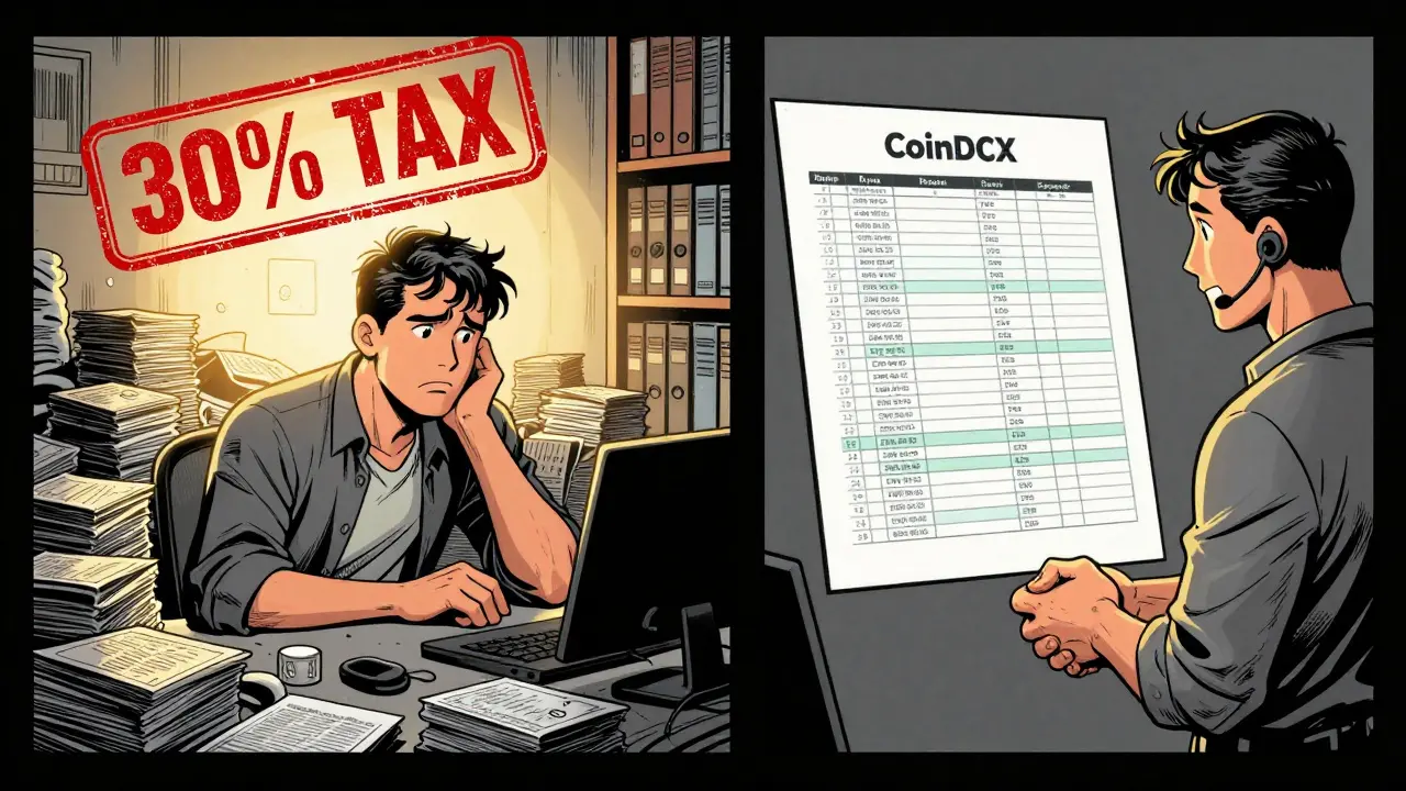 Split scene: chaotic tax chaos vs. calm compliance with CoinDCX in superhero comic style.