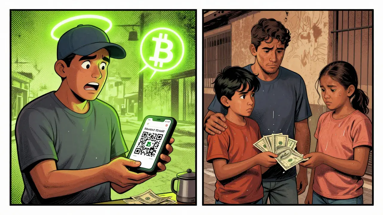 Street vendor accepts Bitcoin payment while family receives dollars nearby, two financial worlds in one scene.