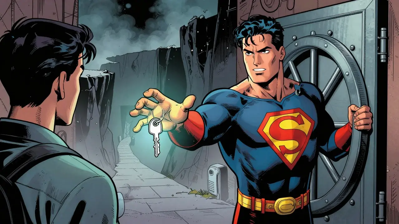 Superhero offering a glowing key to a civilian near a safe vault and dark path.