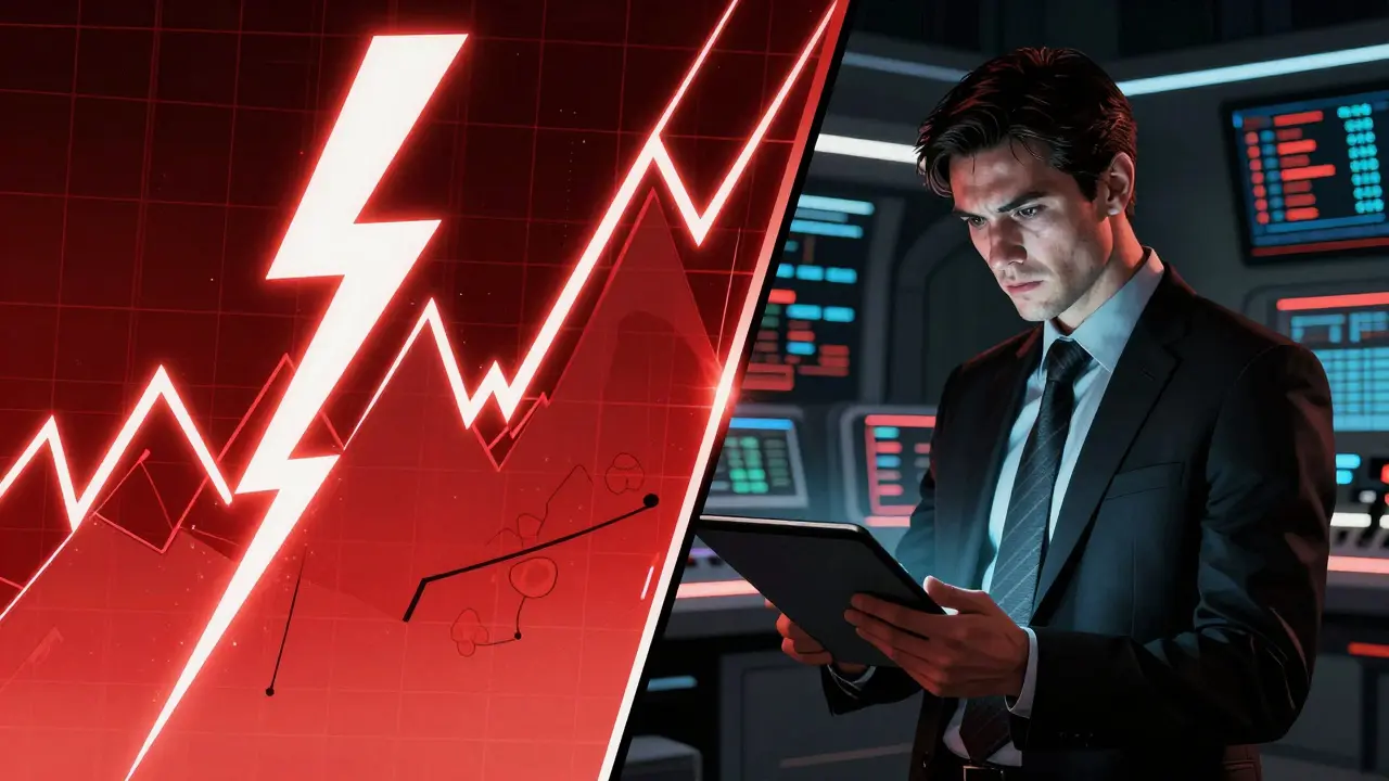 A determined investor viewing a volatile price chart in a high-tech center, comic book style.