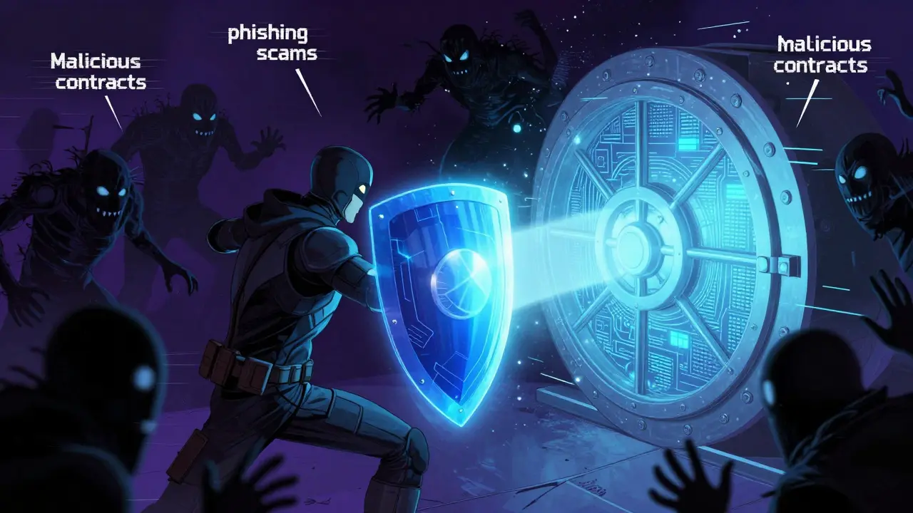 A digital guardian using a blue shield to block glitchy monsters in cyberspace
