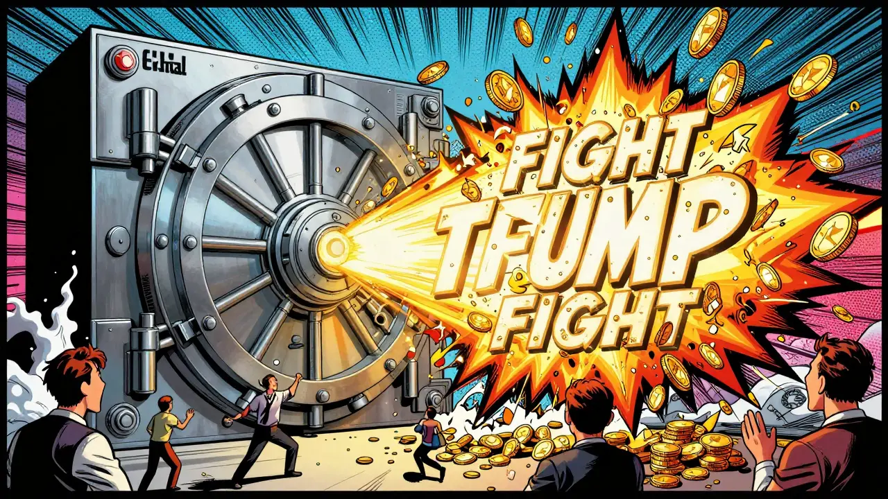 A giant vault opening and releasing a flood of gold coins in a comic book art style.