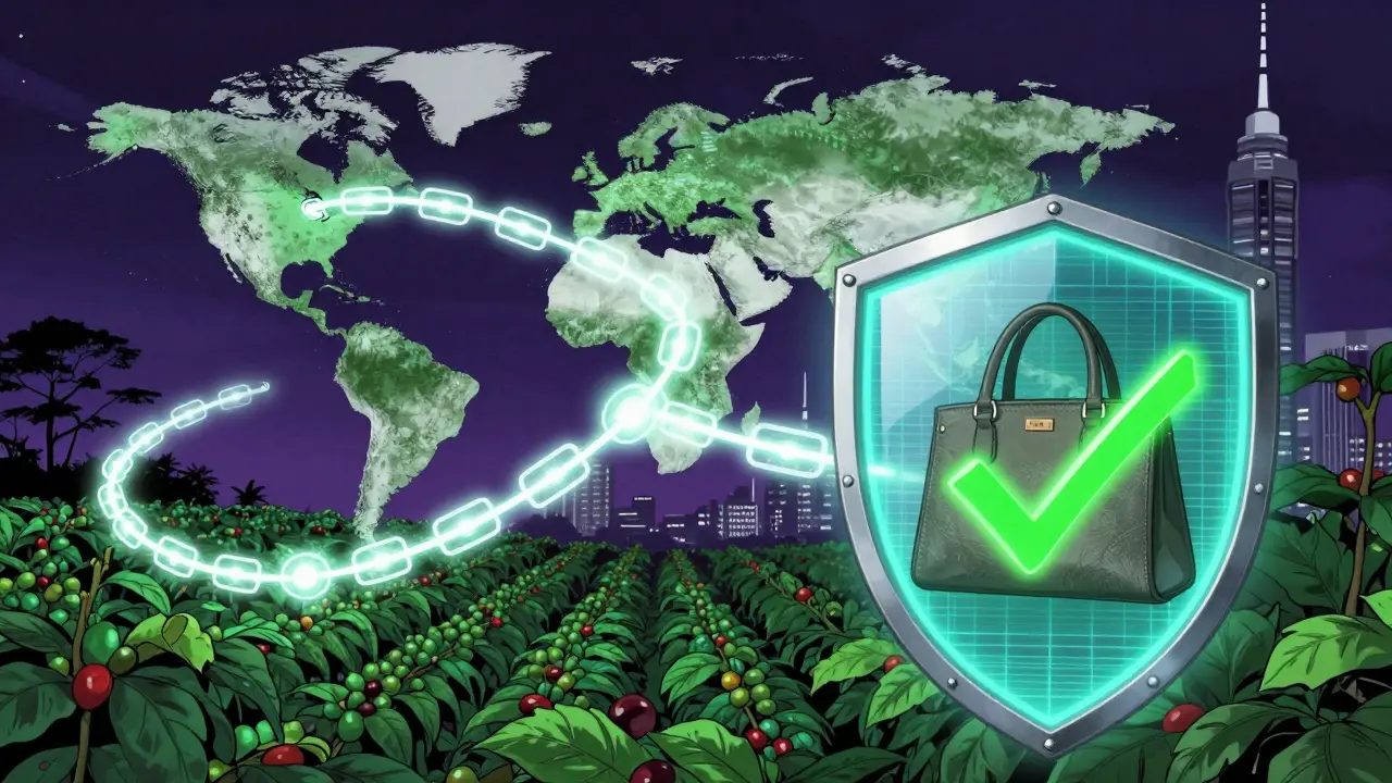 A glowing blockchain connecting a farm to a city with a verified luxury item in comic book art.