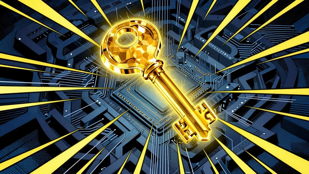 A glowing golden digital key floating amidst complex futuristic circuitry in superhero comic art.
