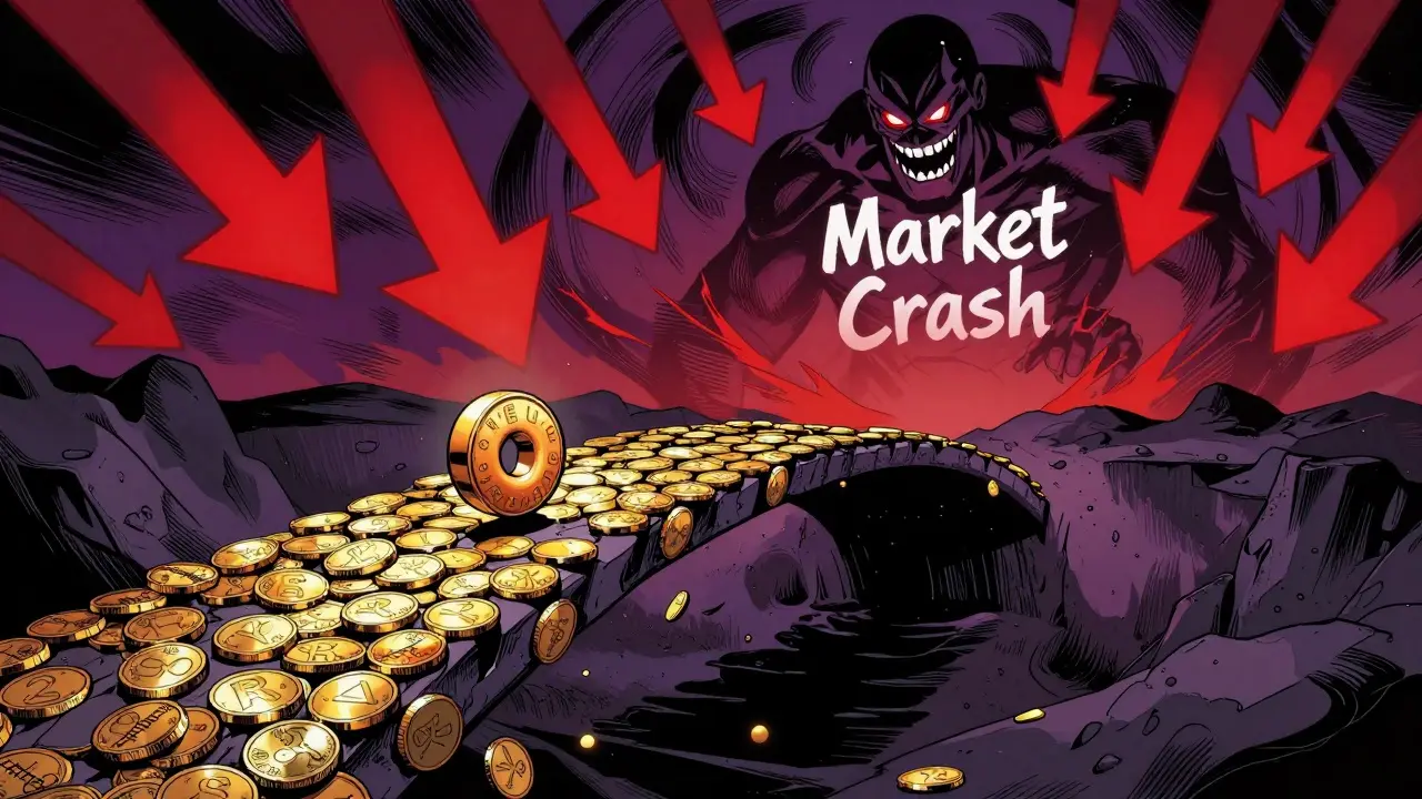 A golden coin bridge crumbling into a void with red downward arrows in the background.